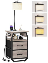 Runjuly floor lamp with table in greige offers space-saving lighting and convenient surface.