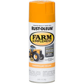 Rust-Oleum Farm & Implement spray paint yellow can for durable rust protection on metal equipment.