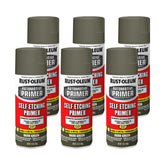 Rust-Oleum self-etching primer spray can in dark green for bare-metal adhesion
