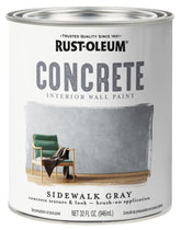 Rust-Oleum Sidewalk Gray paint bottle showing textured concrete look for interior walls.