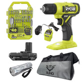 RYOBI 18V drill bundle front view, compact design ideal for tight spaces.