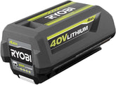 RYOBI 40V 4.0Ah battery front view showing compact design for easy handling.