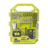 RYOBI 65-piece kit front case showing organized drill and drive bits