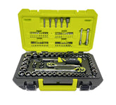 Ryobi 97 pc mechanic tool set case keeps tools organized for quick access and transport.