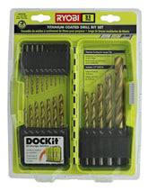 Ryobi A972101 21-piece titanium drill bit set laid out for metal, wood, and plastic applications.