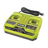 RYOBI ONE+ Dual-Port Charger front view shows two bays for batteries.