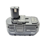 Ryobi PBP005 battery front view showing compact, lightweight design for easy all-day use.