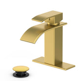 Ryuwanku brushed-gold waterfall faucet in a modern bathroom creates a luxurious look.