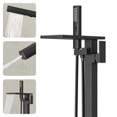 Ryuwanku freestanding tub filler with waterfall spout for a sleek, fast-fill bath.