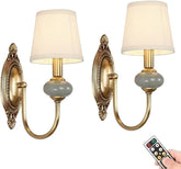 SADOVC wireless wall sconces with antique brass finish and green ceramic accents for flexible placement.