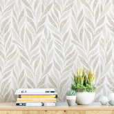 Safiyya leaf-pattern wallpaper roll in beige and white with easy installation