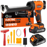 Saker electric caulking gun with LED light for precise application in dim spaces.