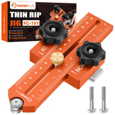 SakerPlus Thin Rip Jig on table saw for precise narrow ripping with stable cuts.