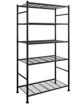 Sakugi five-tier storage shelves in black, front view, ideal for organized pantry storage.