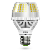 SANSI 200W LED bulb front view highlighting ceramic technology for efficient heat management