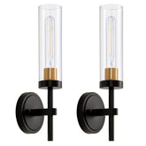 SANTOSTOCK black and gold wall sconce front view with clear glass shade.