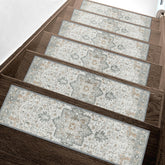 Sarben non-slip stair treads on a wooden step deliver secure footing and taupe elegance.