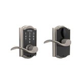 Schlage Touch Camelot front view with satin nickel finish, offering modern security and curb appeal.