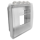 Sealproof Slim 2-Gang cover with lockable latch protecting outdoor outlets.
