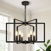 Seaside village Black Farmhouse Chandelier with six geometric frames above dining table