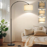 Seaside Village dimmable arc floor lamp with black shade over seating area