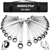 SEDY 24-piece ratcheting wrench set with roll-up pouch for easy transport.