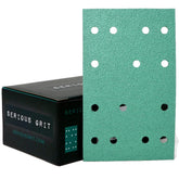 Serious Grit 14-hole 80-grit sanding sheet front view for precise sanding on compatible tools.