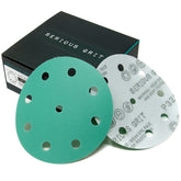 Serious Grit 5-inch 9-hole 320-grit disc ready for wood, metal, and painted surfaces.