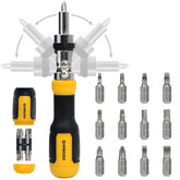 Sharden ratcheting screwdriver with 180° pivot for tight spaces.