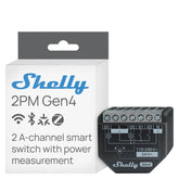 Shelly 2PM Gen4 wall-mounted relay powering two lights with independent energy monitoring.