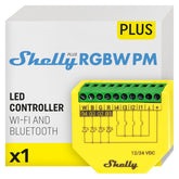Shelly Plus RGBW PM front view, compact Wi-Fi controller for RGBW LEDs.