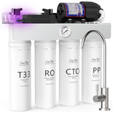 SimPure T1-400UV front view highlights compact under-sink filtration for kitchen use.