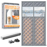 Sjuznng magnetic insulated door curtain with automatic closure to block drafts.