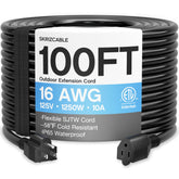 Skrizcable 16/3 100ft outdoor extension cord in use outdoors for weatherproof power delivery.