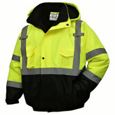 SKSAFETY high-visibility jacket front view with reflective strips for daytime and night work.