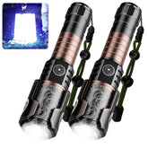 SKYFIRE rechargeable flashlights duo-pack with ignition lens for outdoor fire-starting.