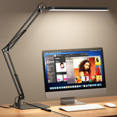 SKYLEO LED desk lamp slim-base front view with balanced workspace lighting