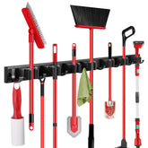 SLIIMU movable 30inch broom and mop holder track shows adjustable spacing for clean storage.