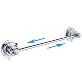 Sneatup extendable towel bar mounted on glass wall for bathroom organization.