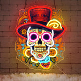 Sneignon Day of the Dead neon skull with flowers glows warmly for home decor
