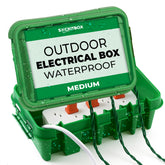 SockitBox weatherproof enclosure with open lid protecting cords outdoors.
