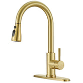 SOEBIZ gold kitchen faucet front view with pull-down spout for easy reach