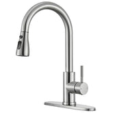 SOEBIZ kitchen faucet with pull-down sprayer in brushed nickel for versatile cleaning.