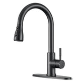 SOEBIZ pull-down faucet in black with high arc for versatile kitchen use.