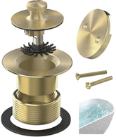 Sogmeter brushed gold bathtub drain close-up with fingerprint-resistant finish.