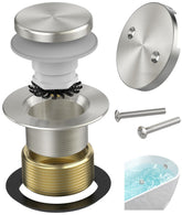 Sogmeter brushed nickel tub drain for a cohesive bathroom look and corrosion resistance.