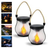 SOUDFK solar lantern with realistic flame creates cozy outdoor ambience.