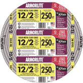 Southwire Armorlite 12-2 copper THHN/THWN cable on a 250 ft spool for wiring projects.