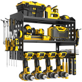 SPACECARE power tool organizer mounted on wall for easy drill access.