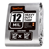 SpacEver tarp shows 12x12 waterproof coverage with sturdy grommets for outdoor use